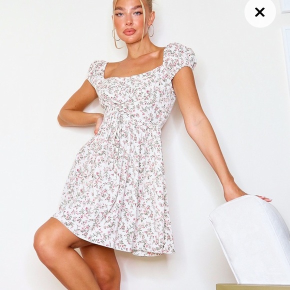 Beige Ditsy Floral Corset Detail Tea Dress - Picture 1 of 3